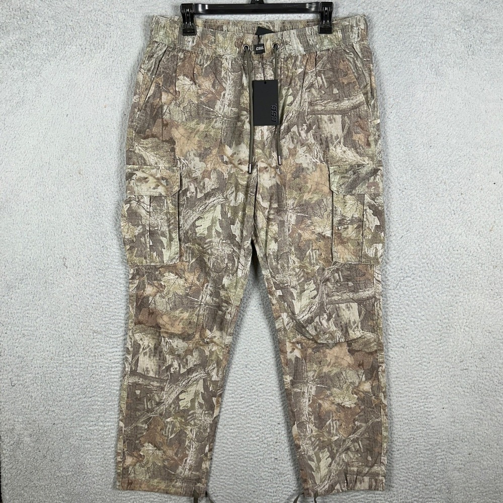 NEW CSG Pants Mens Large Brown Green Ripstop Cargo Forest Camo Tapered Stretch